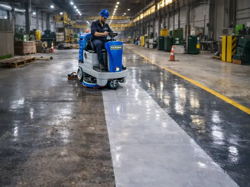 کف تمیز کارخانه پس از نظافت با اسکرابر صنعتی کرشا