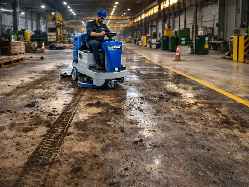 کف آلوده و روغنی کارخانه پیش از استفاده از کفشوی صنعتی